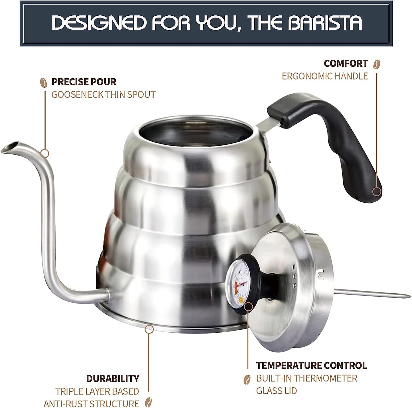 Gooseneck Kettle Stove Top, Stainless Steel Tea Kettle, Pour Over Kettle, Gooseneck Kettle with Thermometer, Coffee Gator Kettle with 1L/34oz