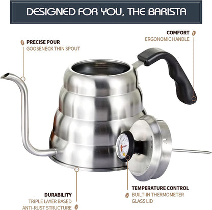 Gooseneck Kettle Stove Top, Stainless Steel Tea Kettle, Pour Over Kettle, Gooseneck Kettle with Thermometer, Coffee Gator Kettle with 1L/34oz