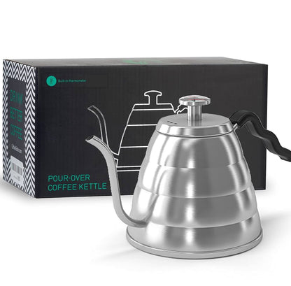 Gooseneck Kettle with Thermometer, 34 oz Stainless Steel, Stove Top, Premium Pour Over Kettle for Tea and Coffee w/Precision Drip Spout