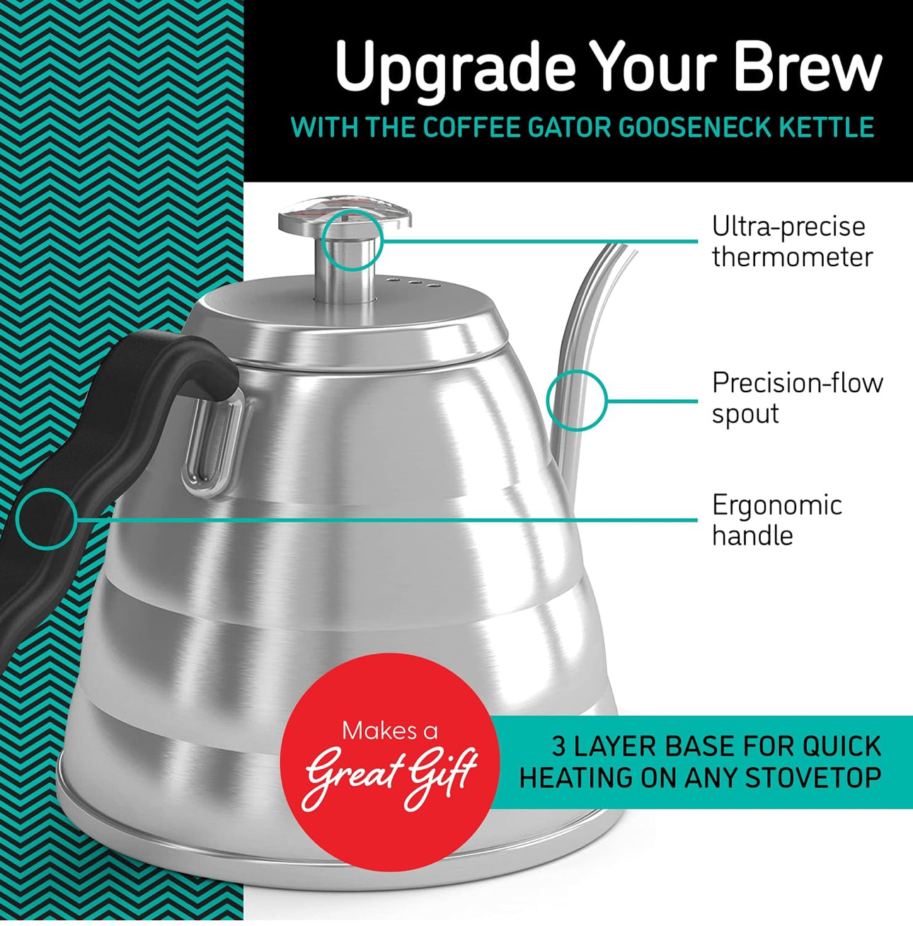 Gooseneck Kettle with Thermometer, 34 oz Stainless Steel, Stove Top, Premium Pour Over Kettle for Tea and Coffee w/Precision Drip Spout