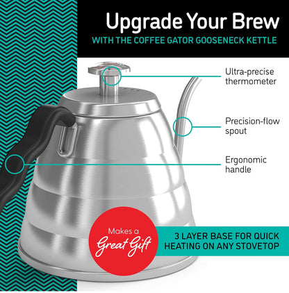 Gooseneck Kettle with Thermometer, 34 oz Stainless Steel, Stove Top, Premium Pour Over Kettle for Tea and Coffee w/Precision Drip Spout