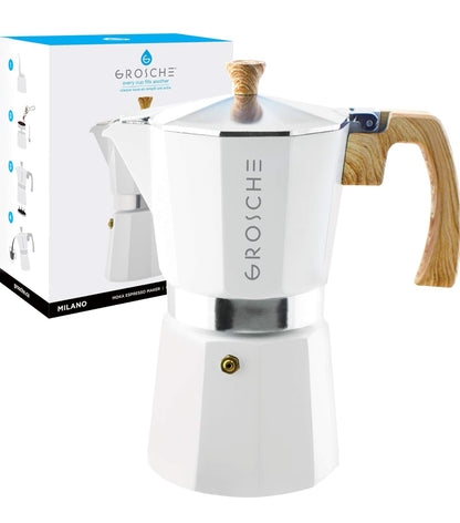 GROSCHE Milano Stovetop Espresso Maker Moka Pot 9 espresso Cup- 15.2 oz, White -